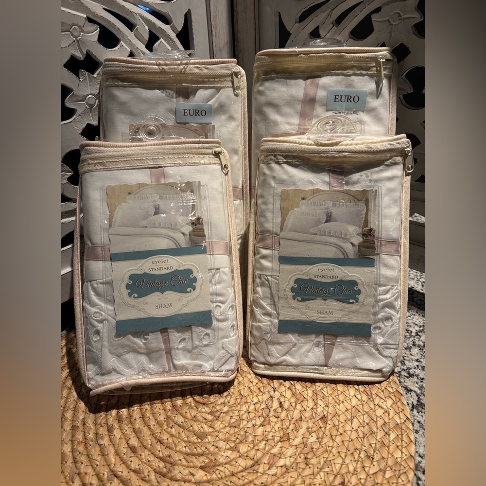 4 Vintage Chic Eyelet Sham Set Pillowcases Cream
